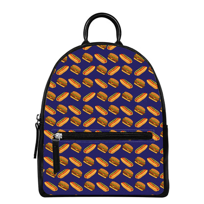 Hot Dog And Hamburger Pattern Print Leather Backpack