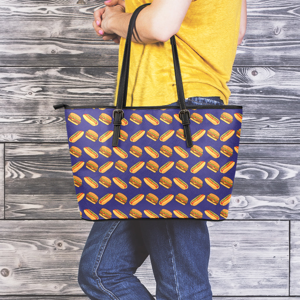 Hot Dog And Hamburger Pattern Print Leather Tote Bag
