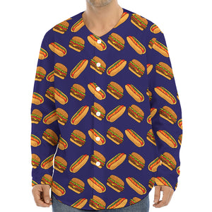 Hot Dog And Hamburger Pattern Print Long Sleeve Baseball Jersey