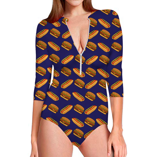Hot Dog And Hamburger Pattern Print Long Sleeve Swimsuit