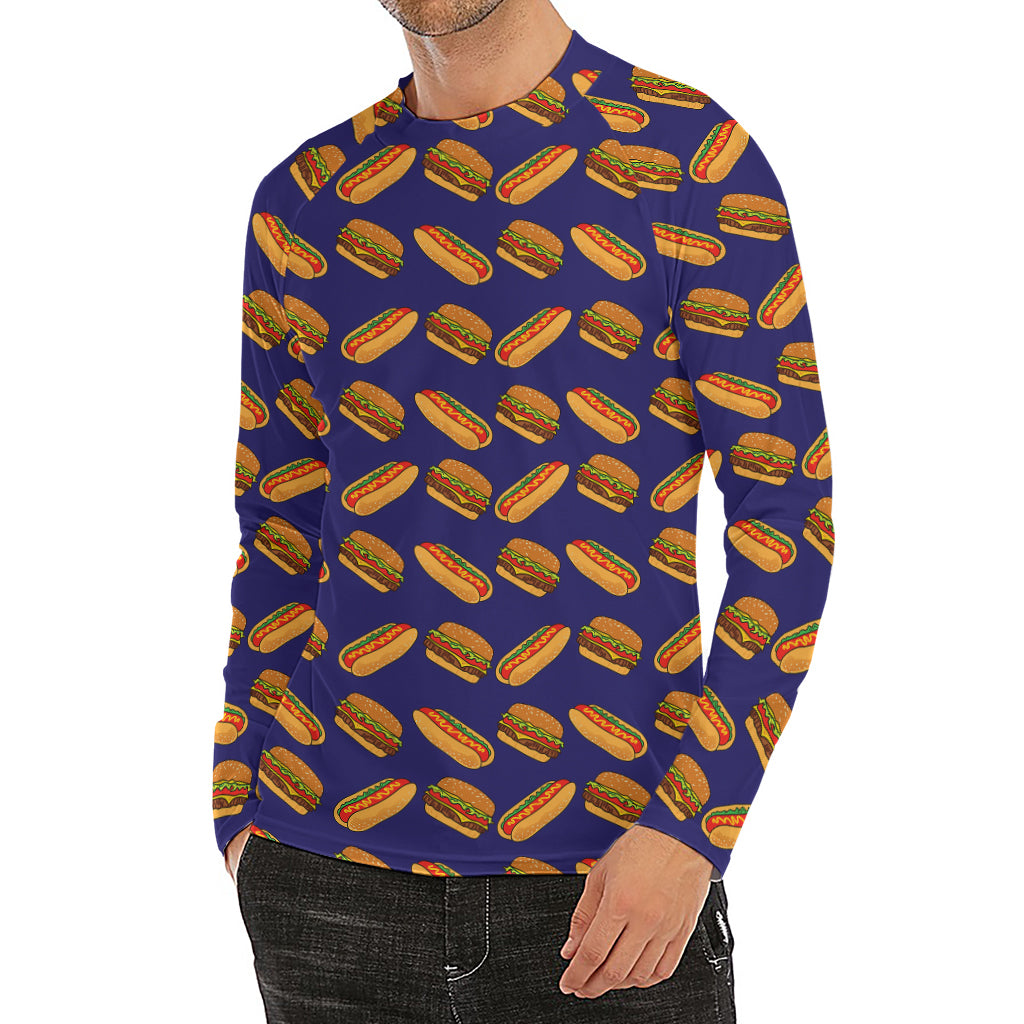 Hot Dog And Hamburger Pattern Print Men's Long Sleeve Rash Guard