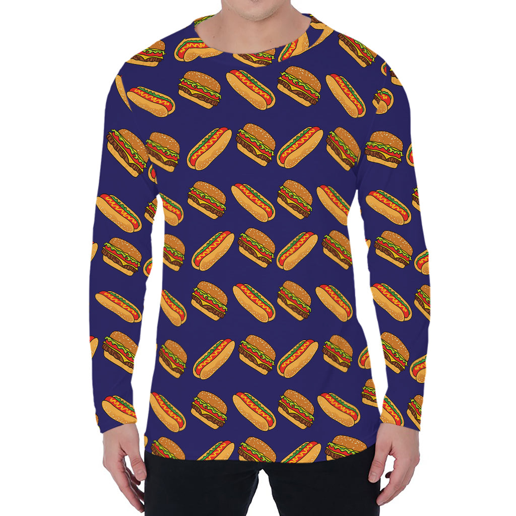 Hot Dog And Hamburger Pattern Print Men's Long Sleeve T-Shirt