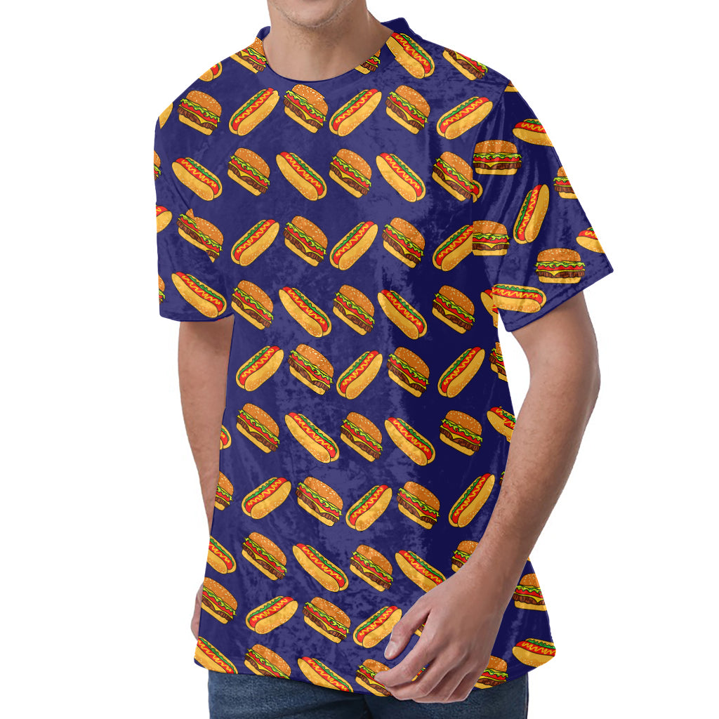 Hot Dog And Hamburger Pattern Print Men's Velvet T-Shirt