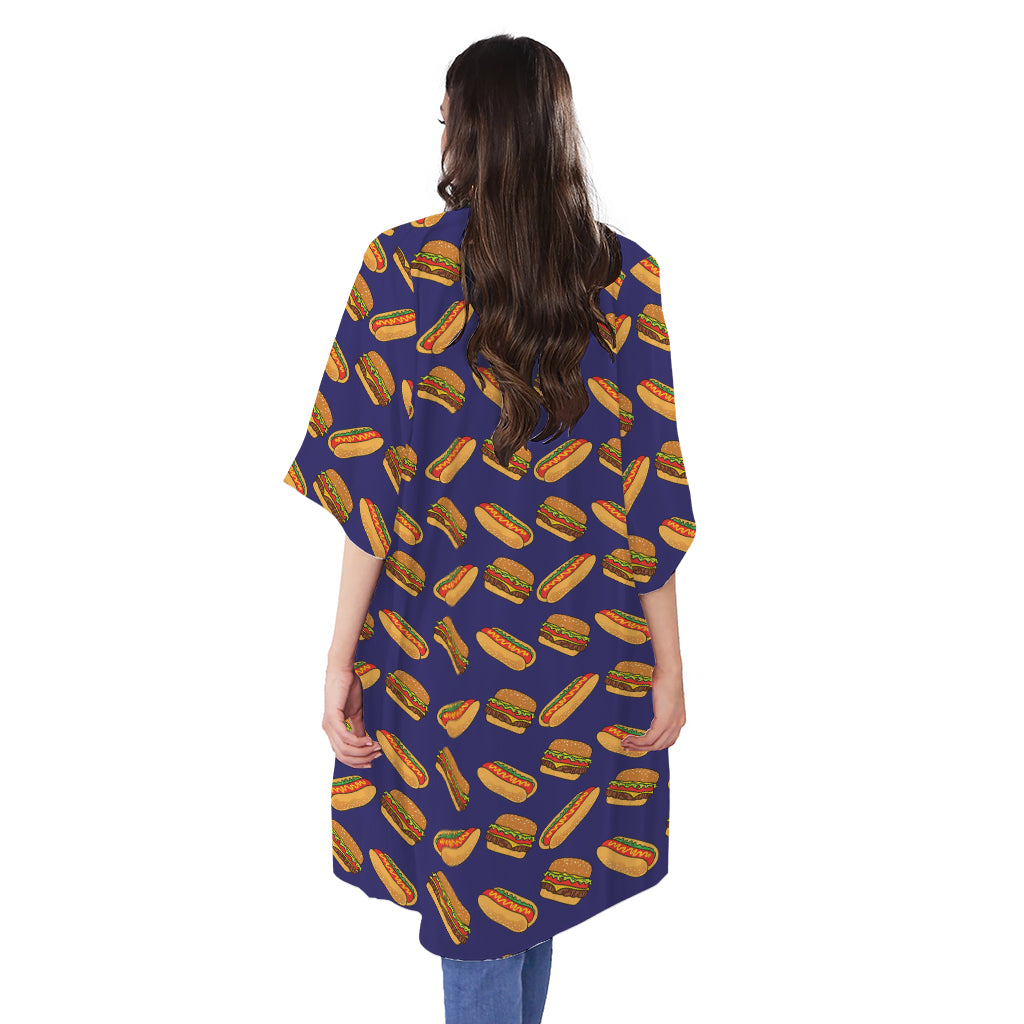 Hot Dog And Hamburger Pattern Print Open Front Beach Cover Up