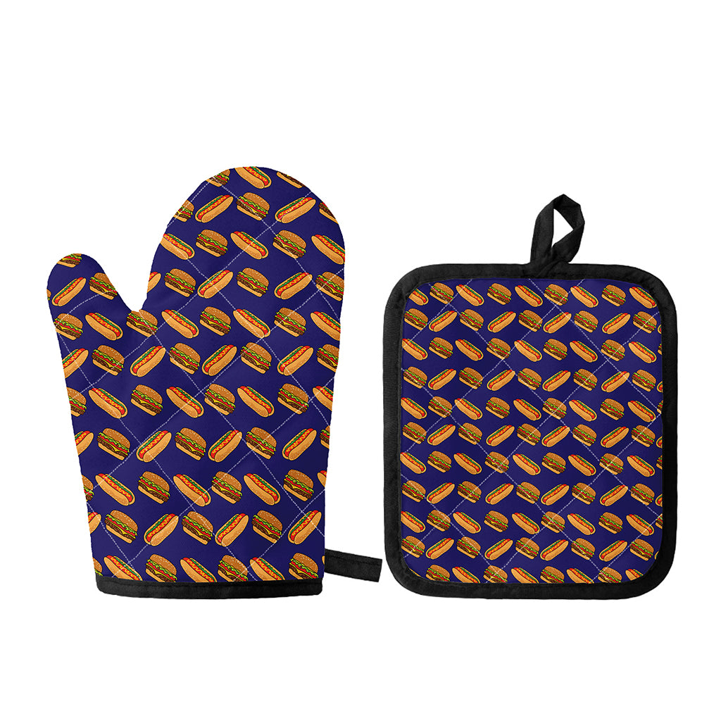 Hot Dog And Hamburger Pattern Print Oven Mitt And Pot Holder Set