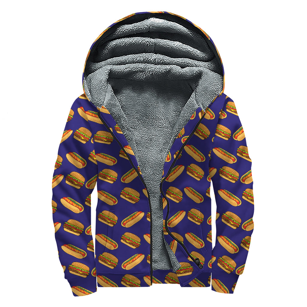 Hot Dog And Hamburger Pattern Print Sherpa Lined Zip Up Hoodie