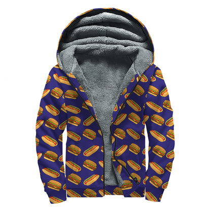 Hot Dog And Hamburger Pattern Print Sherpa Lined Zip Up Hoodie
