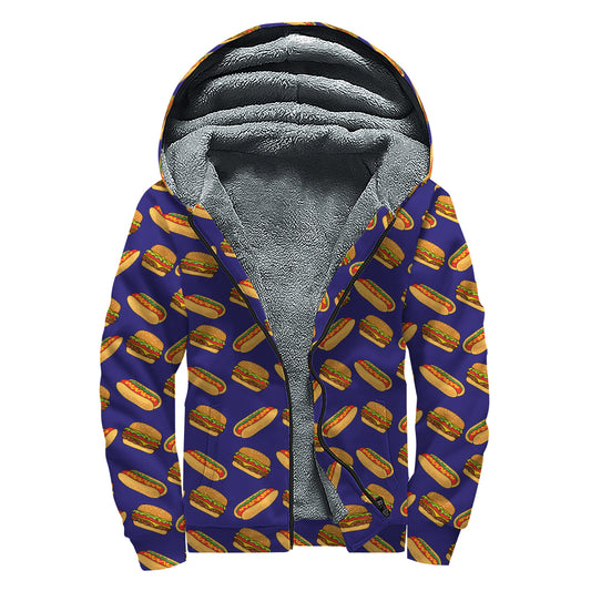 Hot Dog And Hamburger Pattern Print Sherpa Lined Zip Up Hoodie