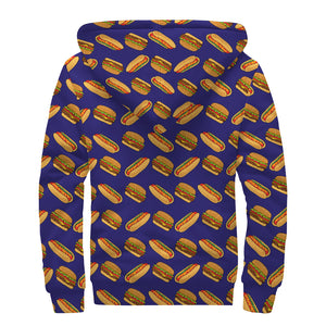 Hot Dog And Hamburger Pattern Print Sherpa Lined Zip Up Hoodie