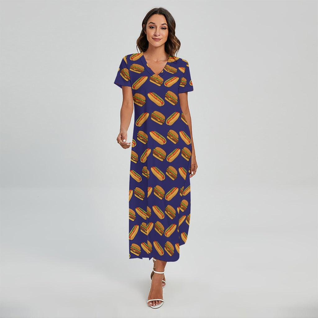 Hot Dog And Hamburger Pattern Print Short Sleeve Maxi Dress