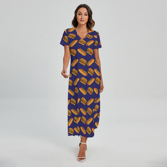 Hot Dog And Hamburger Pattern Print Short Sleeve Maxi Dress