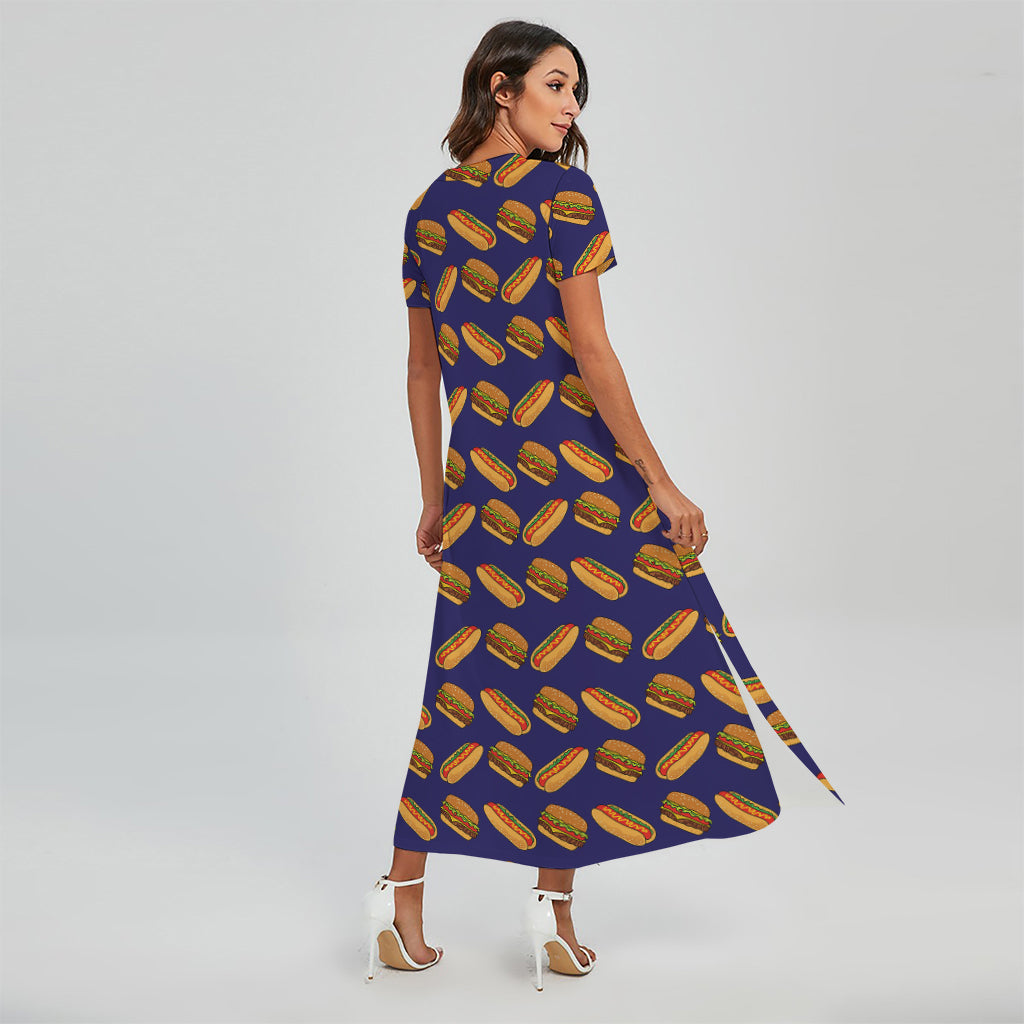 Hot Dog And Hamburger Pattern Print Short Sleeve Maxi Dress