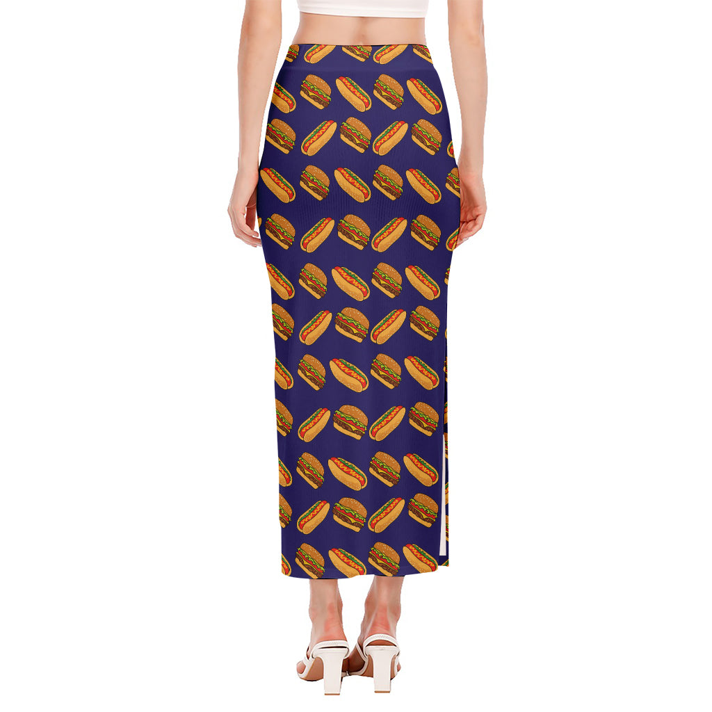 Hot Dog And Hamburger Pattern Print Side Slit Maxi Skirt