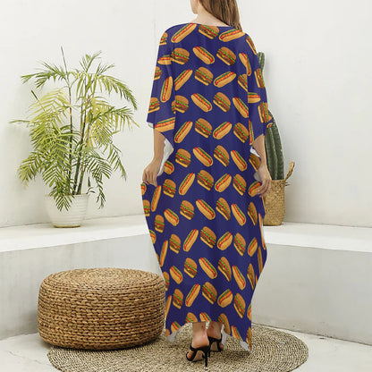 Hot Dog And Hamburger Pattern Print Silk V-Neck Kaftan Dress
