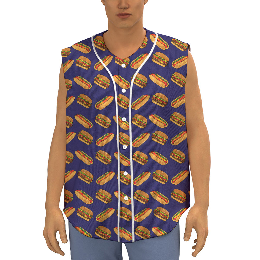 Hot Dog And Hamburger Pattern Print Sleeveless Baseball Jersey
