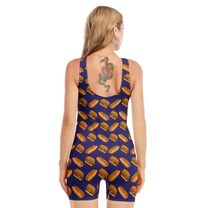 Hot Dog And Hamburger Pattern Print Sleeveless One Piece Swimsuit