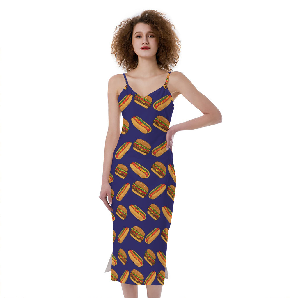 Hot Dog And Hamburger Pattern Print Slim Fit Midi Cami Dress