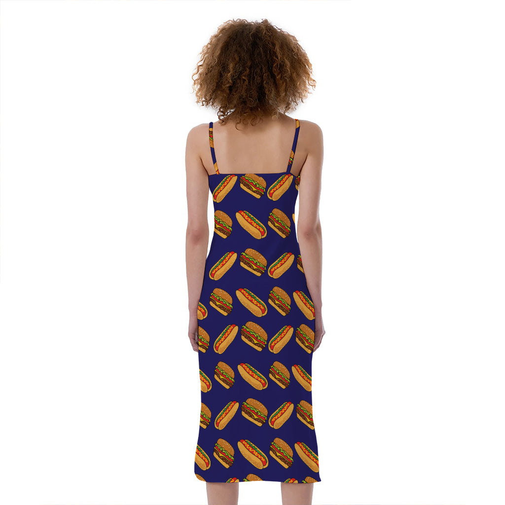 Hot Dog And Hamburger Pattern Print Slim Fit Midi Cami Dress