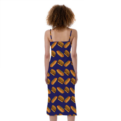 Hot Dog And Hamburger Pattern Print Slim Fit Midi Cami Dress