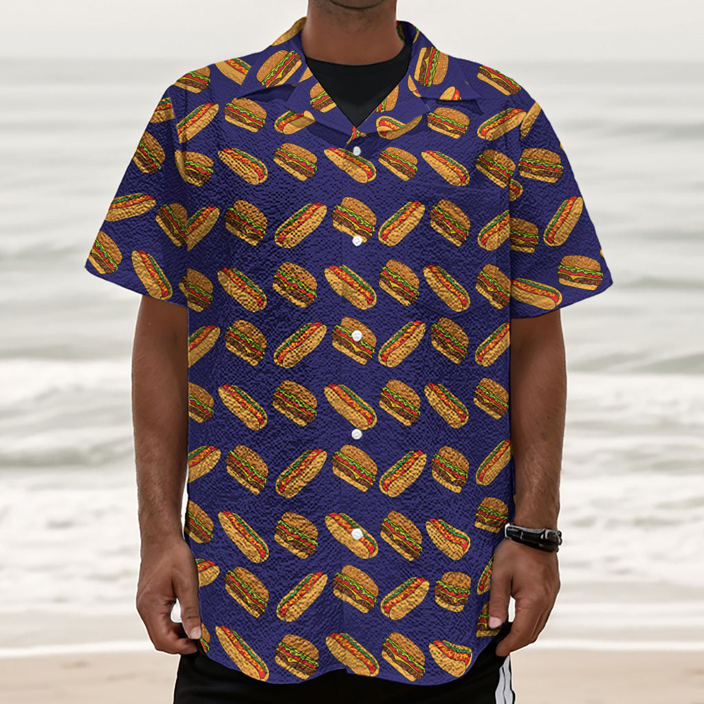 Hot Dog And Hamburger Pattern Print Textured Short Sleeve Shirt