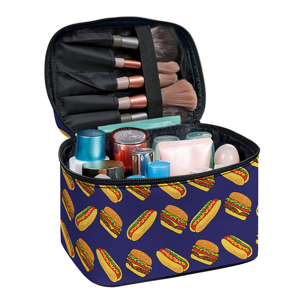 Hot Dog And Hamburger Pattern Print Travel Makeup Bag