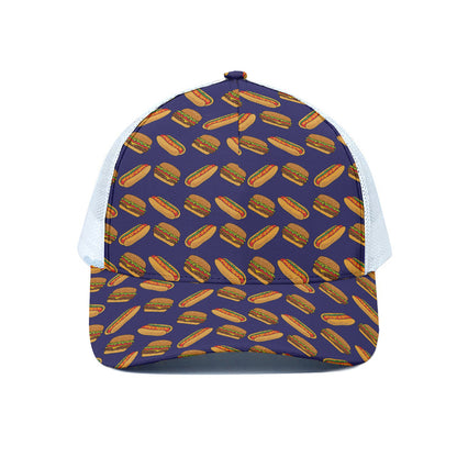 Hot Dog And Hamburger Pattern Print White Mesh Trucker Cap