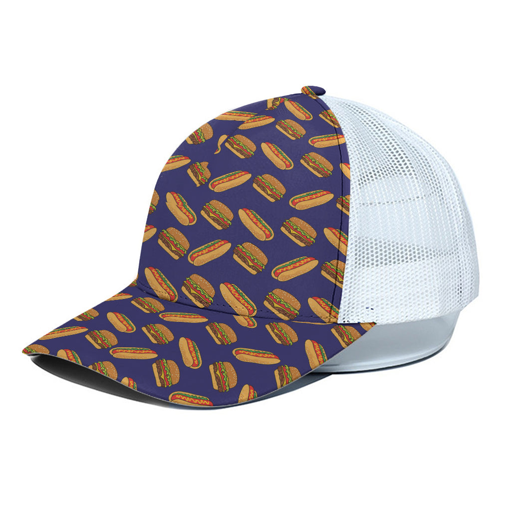Hot Dog And Hamburger Pattern Print White Mesh Trucker Cap