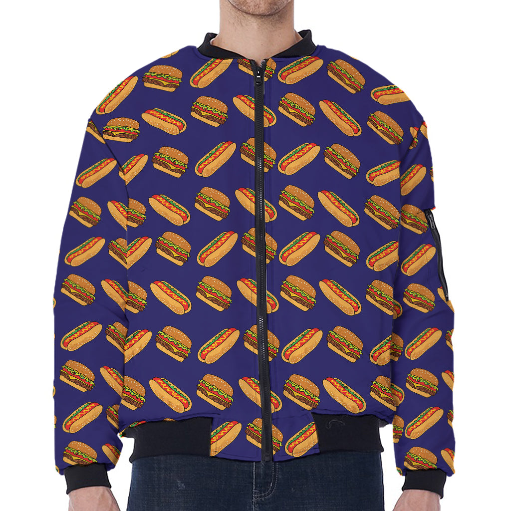 Hot Dog And Hamburger Pattern Print Zip Sleeve Bomber Jacket