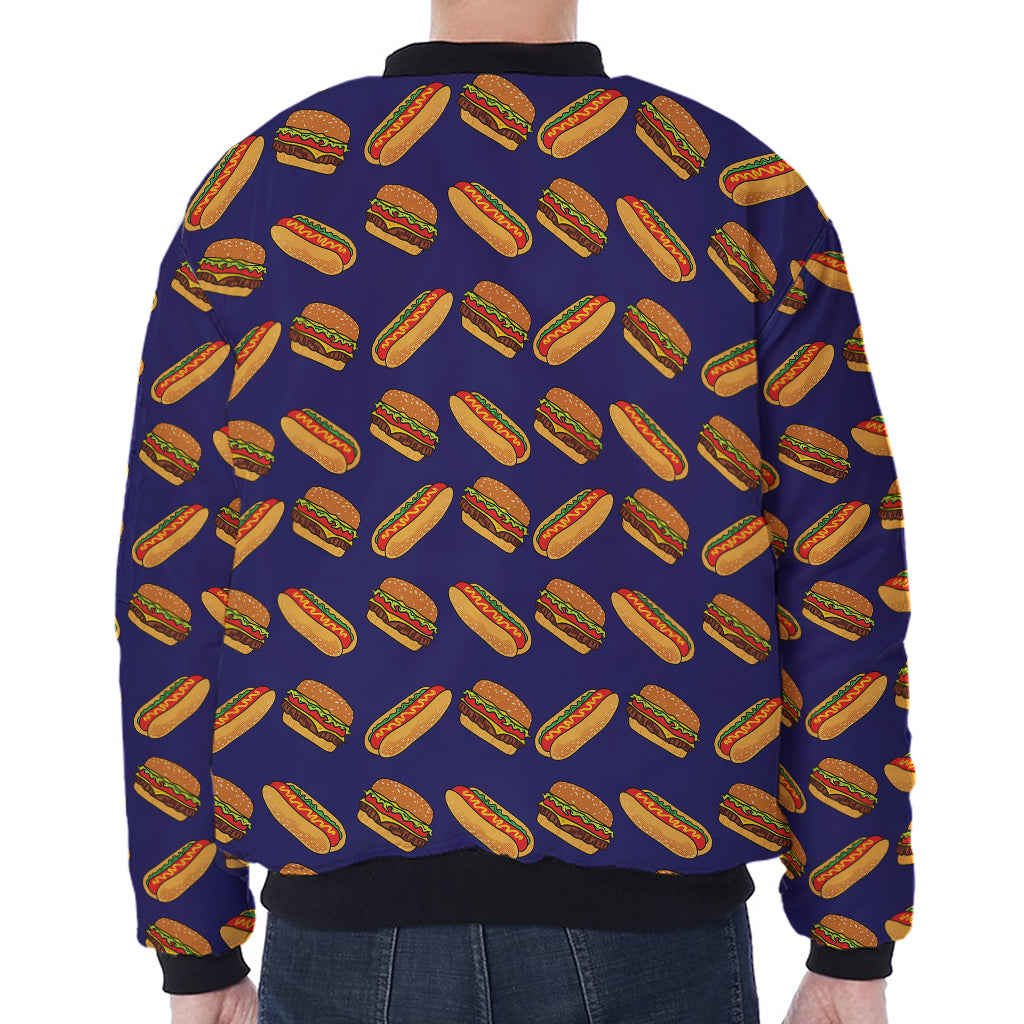 Hot Dog And Hamburger Pattern Print Zip Sleeve Bomber Jacket