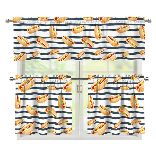 Hot Dog Striped Pattern Print 3 Piece Kitchen Curtains