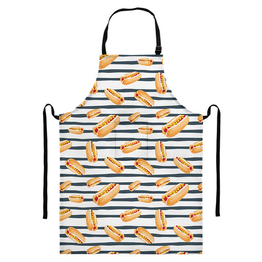 Hot Dog Striped Pattern Print Bib Apron With Pocket