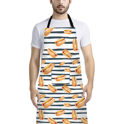 Hot Dog Striped Pattern Print Bib Apron With Pocket