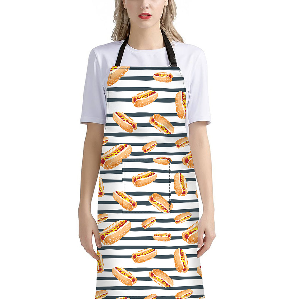 Hot Dog Striped Pattern Print Bib Apron With Pocket