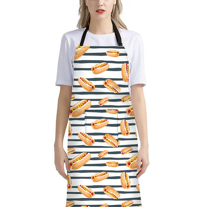 Hot Dog Striped Pattern Print Bib Apron With Pocket