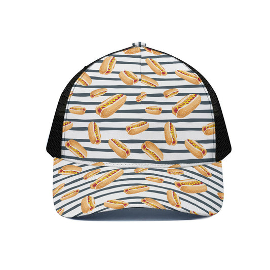 Hot Dog Striped Pattern Print Black Mesh Trucker Cap