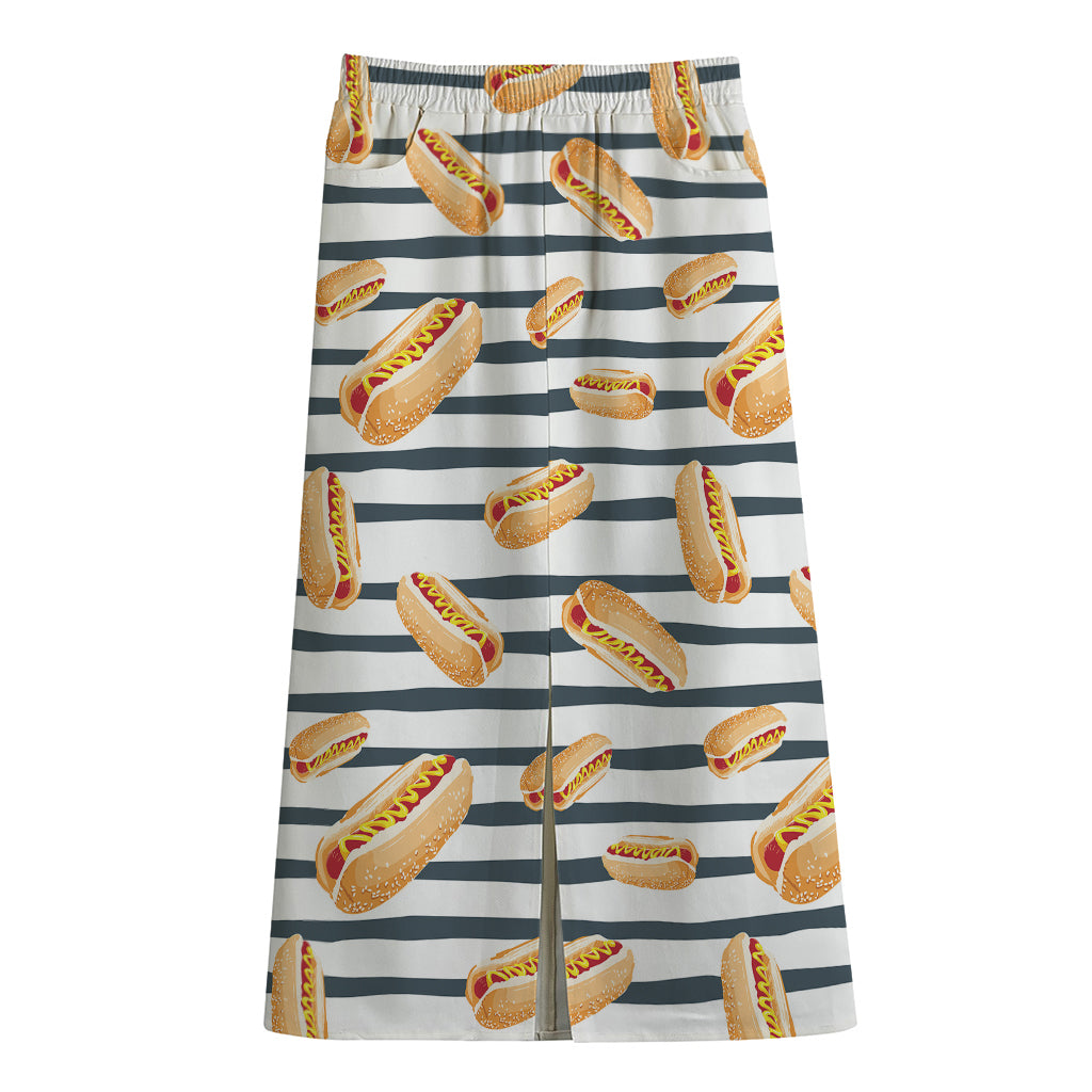 Hot Dog Striped Pattern Print Cotton Front Slit Maxi Skirt