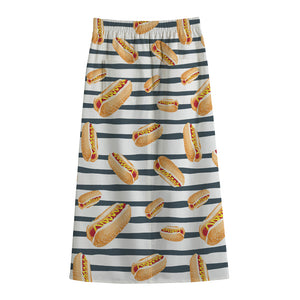 Hot Dog Striped Pattern Print Cotton Front Slit Maxi Skirt