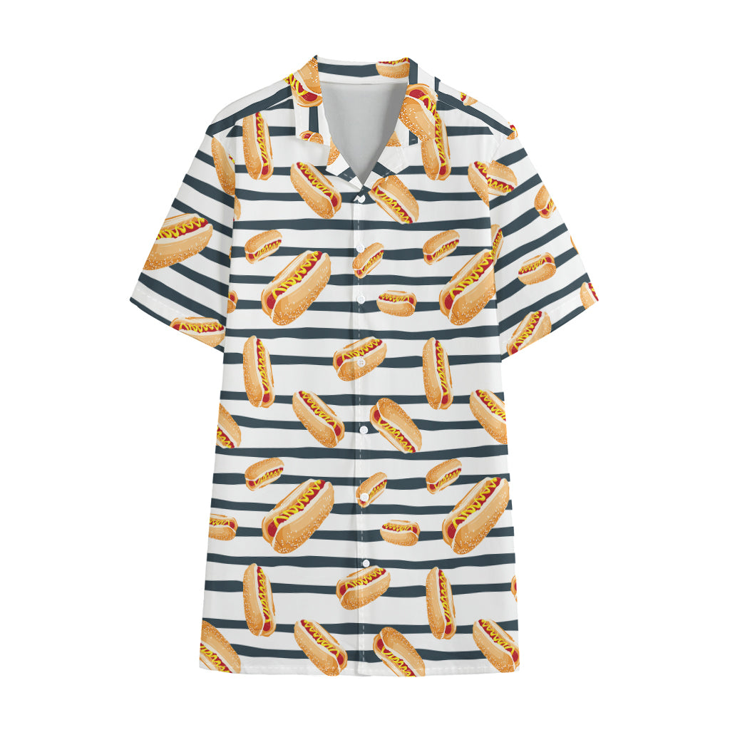 Hot Dog Striped Pattern Print Cotton Hawaiian Shirt