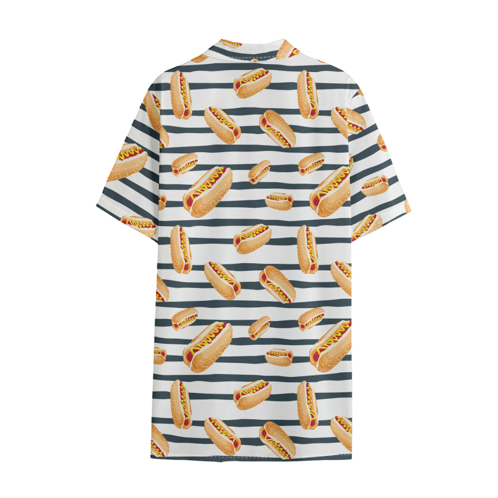 Hot Dog Striped Pattern Print Cotton Hawaiian Shirt