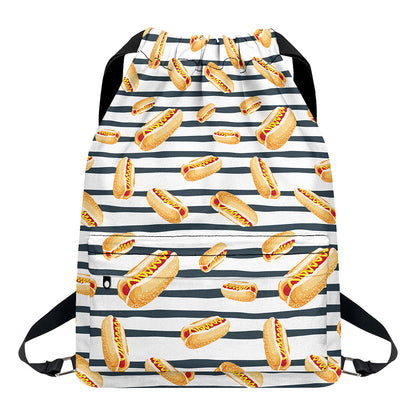 Hot Dog Striped Pattern Print Drawstring Backpack
