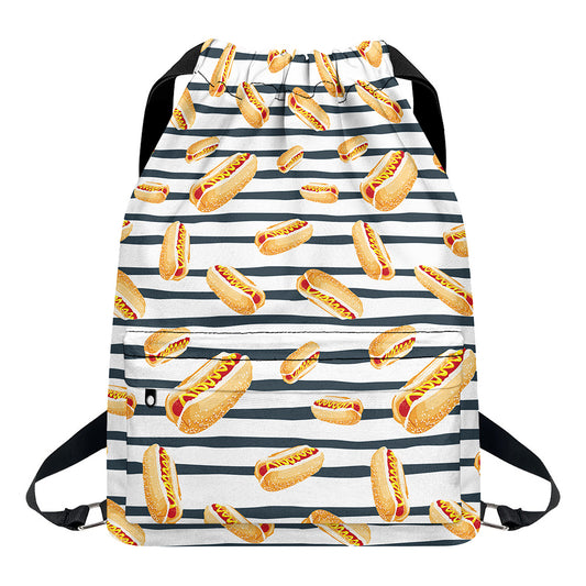 Hot Dog Striped Pattern Print Drawstring Backpack