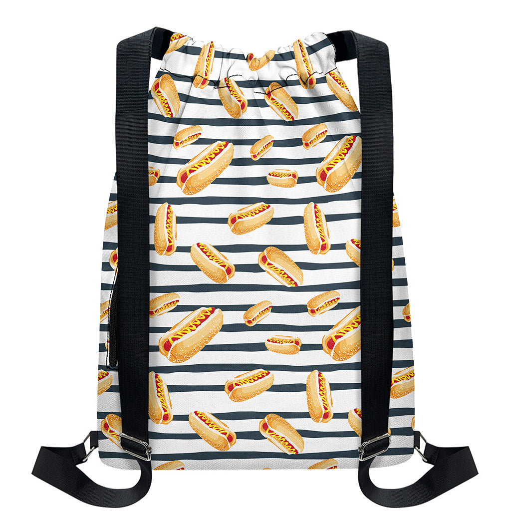 Hot Dog Striped Pattern Print Drawstring Backpack