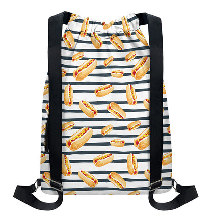 Hot Dog Striped Pattern Print Drawstring Backpack
