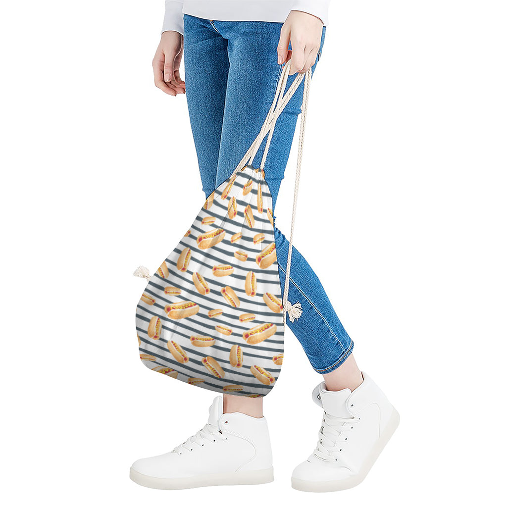 Hot Dog Striped Pattern Print Drawstring Bag