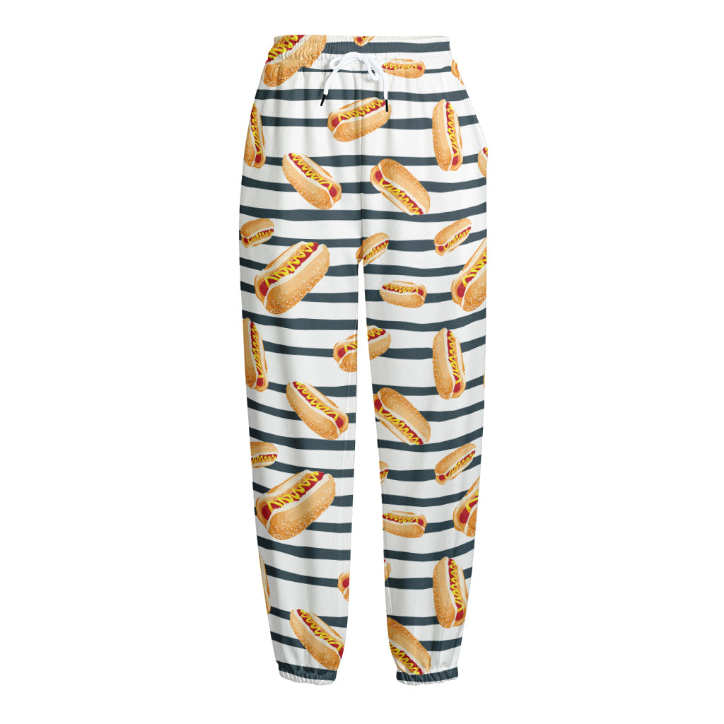 Hot Dog Striped Pattern Print Fleece Lined Knit Pants