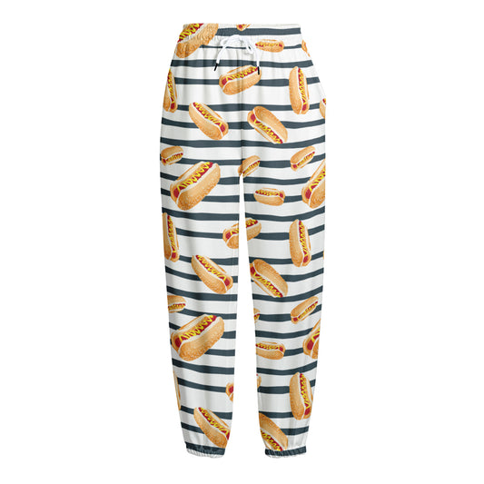 Hot Dog Striped Pattern Print Fleece Lined Knit Pants
