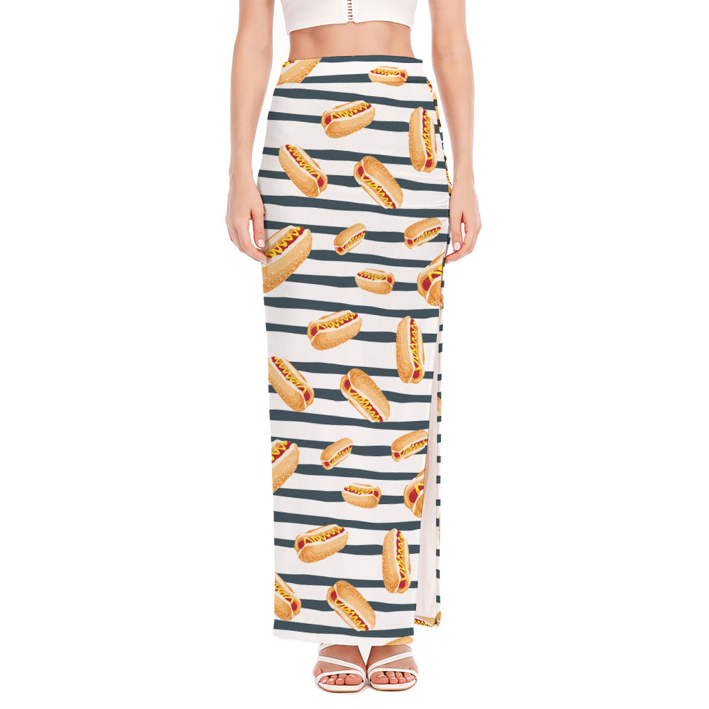 Hot Dog Striped Pattern Print High Slit Maxi Skirt