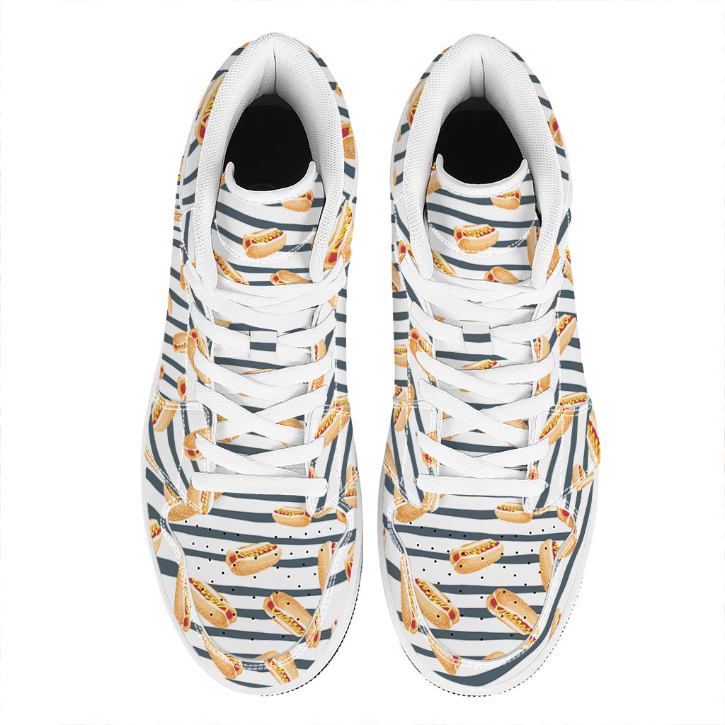 Hot Dog Striped Pattern Print High Top Leather Sneakers