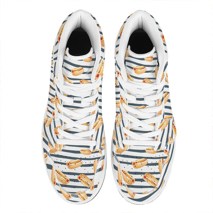 Hot Dog Striped Pattern Print High Top Leather Sneakers