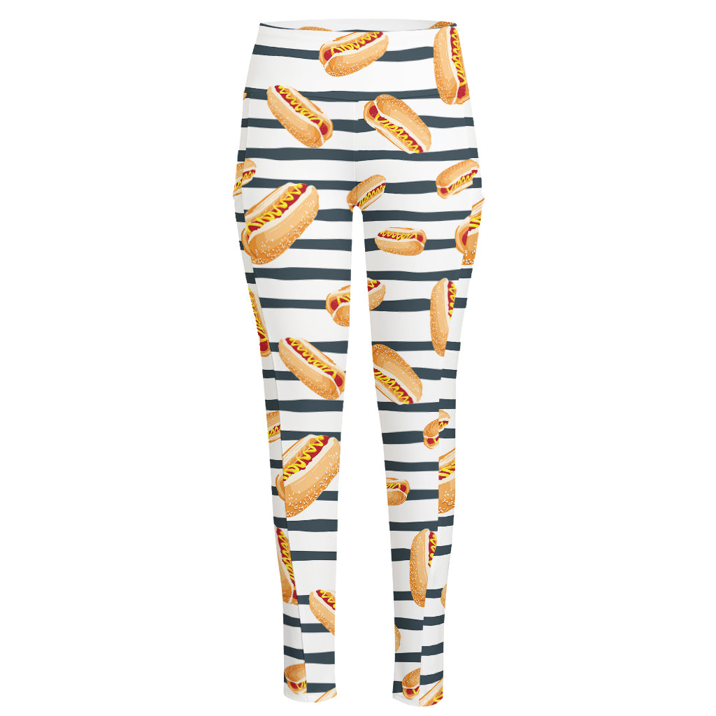 Hot Dog Striped Pattern Print High-Waisted Pocket Leggings